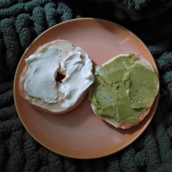 Cream cheese and avocado everything bagel