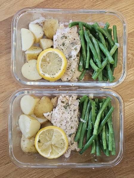 lemon & herb basa w/ steamed garlic green beans and boiled potatoes