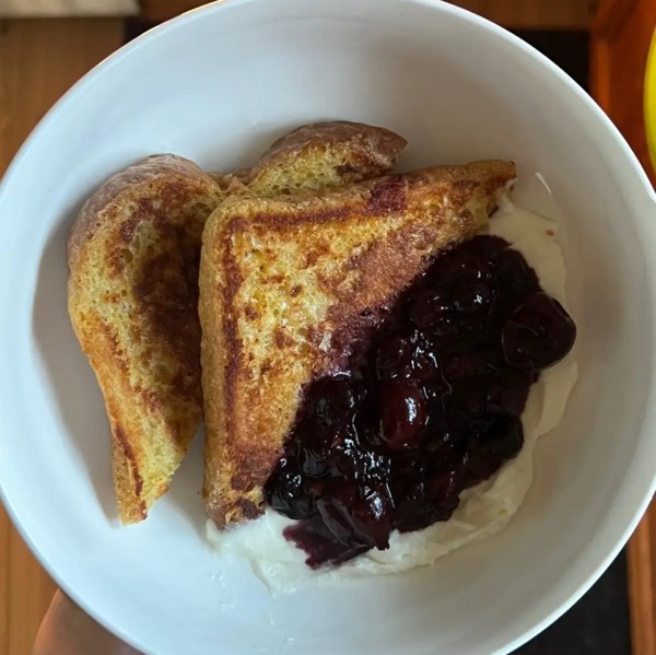 (easy )! french toast topped w mascarpone whipped cream and berry compote