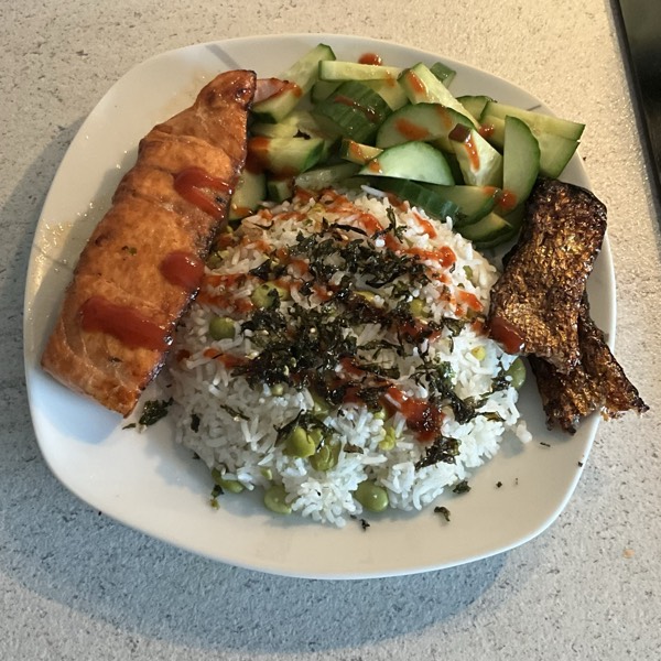 air fried salmon & edamame rice